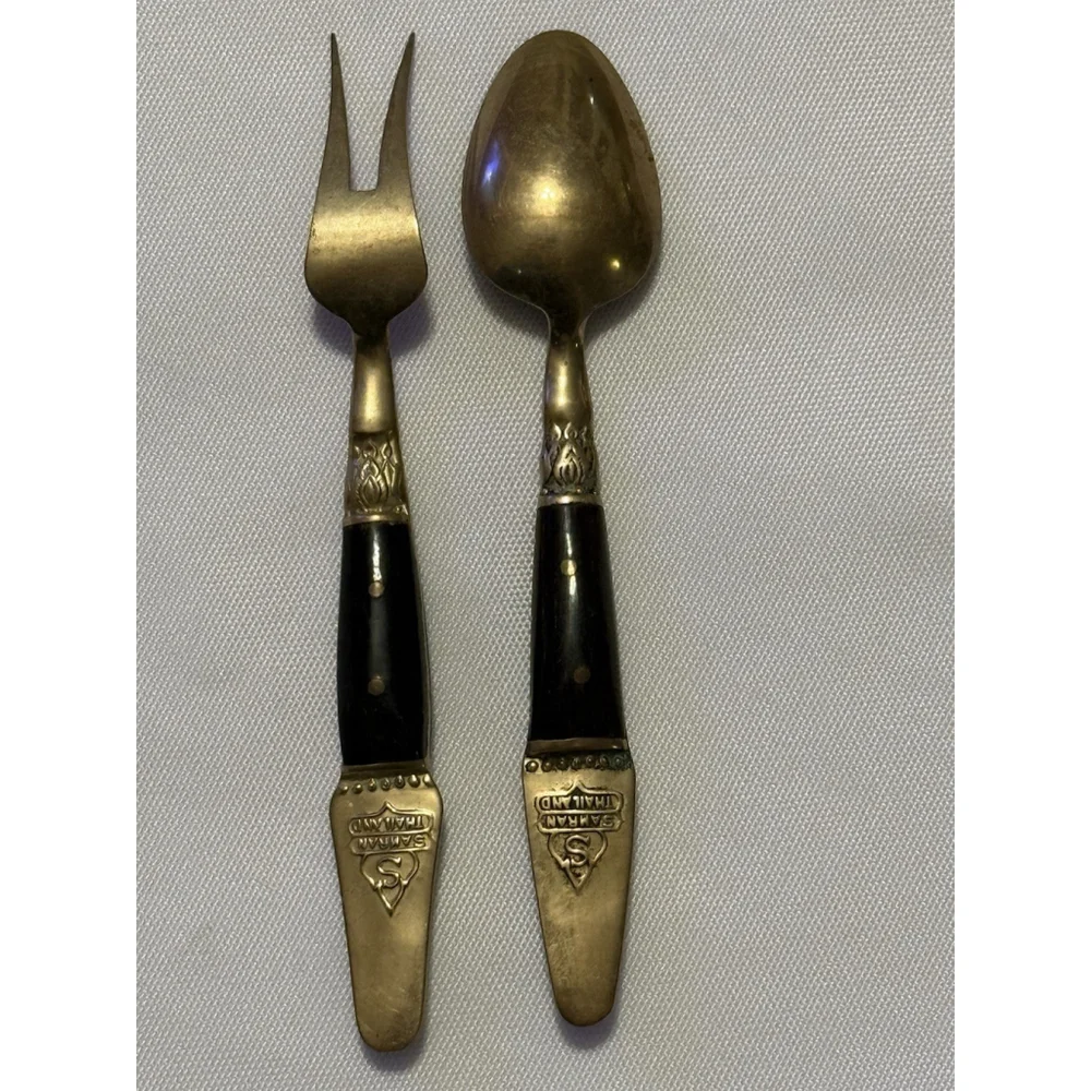 Vintage Serving Set Fork and Spoon Samran Thailand Nickel Bronze 4 1/2”